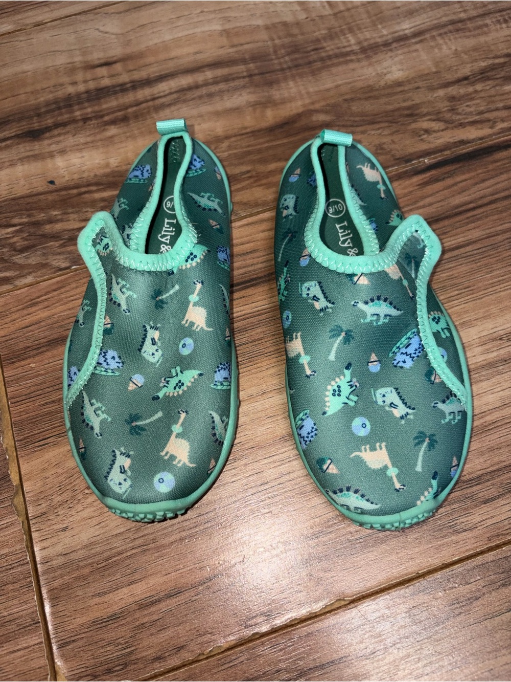 Lily & Dan Green Dinosaur Palm Trees Beach Balls Water Shoes Size 9/10 Toddler